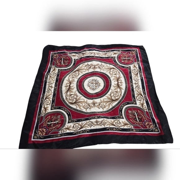 Vintage 1980s Silk Heraldic Shield Versace Style Large Sqaure Scarf. Red/Black. - Picture 2 of 11